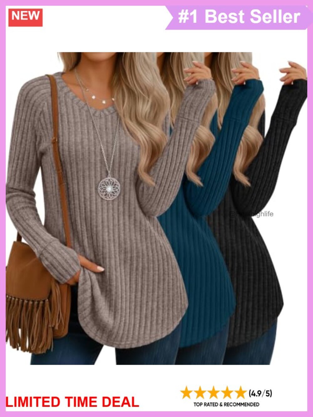 3 Pack Women's V-Neck Long Sleeve Tunic Sweaters Ribbed Thumb Holes